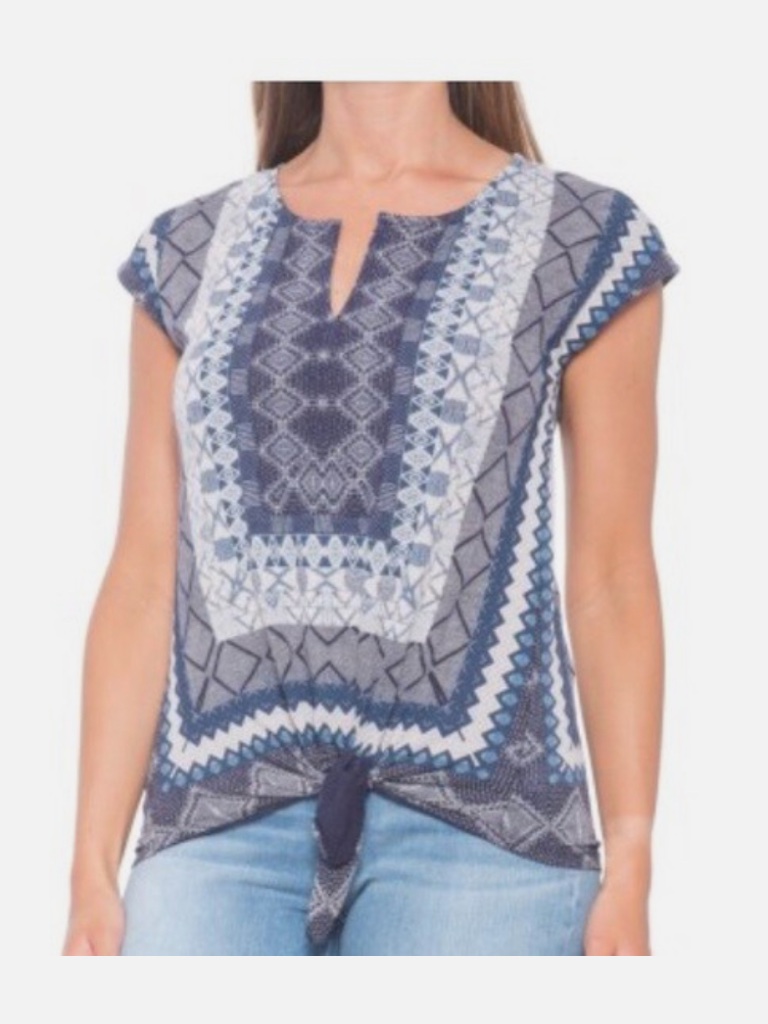 Lucky Brand Blouse Womens Xxl Blue White Aztec Tie Waist Light Airy Boho Peasant
